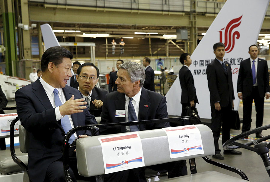 President Xi visits the Boeing assembly line in the US