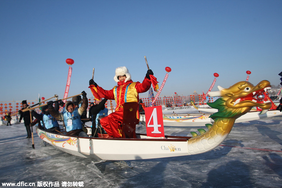 Winter fishing in ice-covered Changling Lake in Harbin