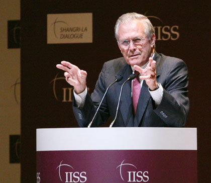 U.S. Secretary of Defense Donald Rumsfeld speaks during the Asia Security Summit in Singapore June 3, 2006. 