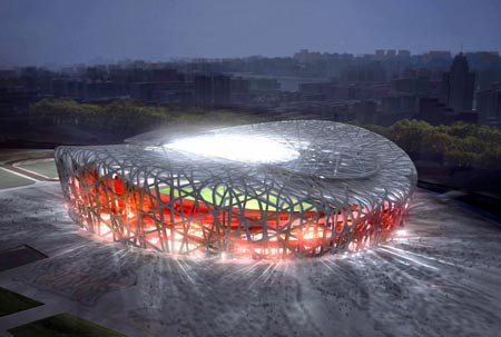 This computer-generated image released by the Beijing Organizing Committee for the Games of XXIX Olympiad shows the National Stadium, also known as the Bird's Nest, for the 2008 Beijing Olympic Games. The Chinese capital is gearing up to celebrate the one-year countdown to the opening ceremony of the 2008 Olympic Games on August 8. [Reuters]