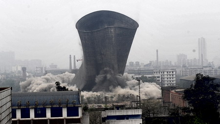 Cooling tower brought down with a bang