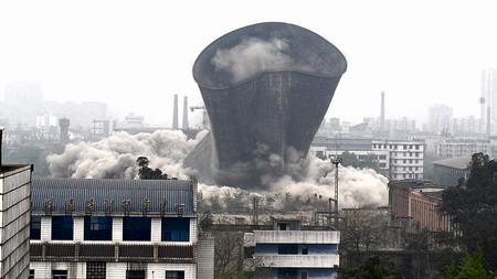 Cooling tower brought down with a bang