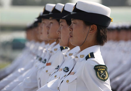 Woman soldiers exercise for National Day military parade