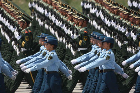 Woman soldiers exercise for National Day military parade