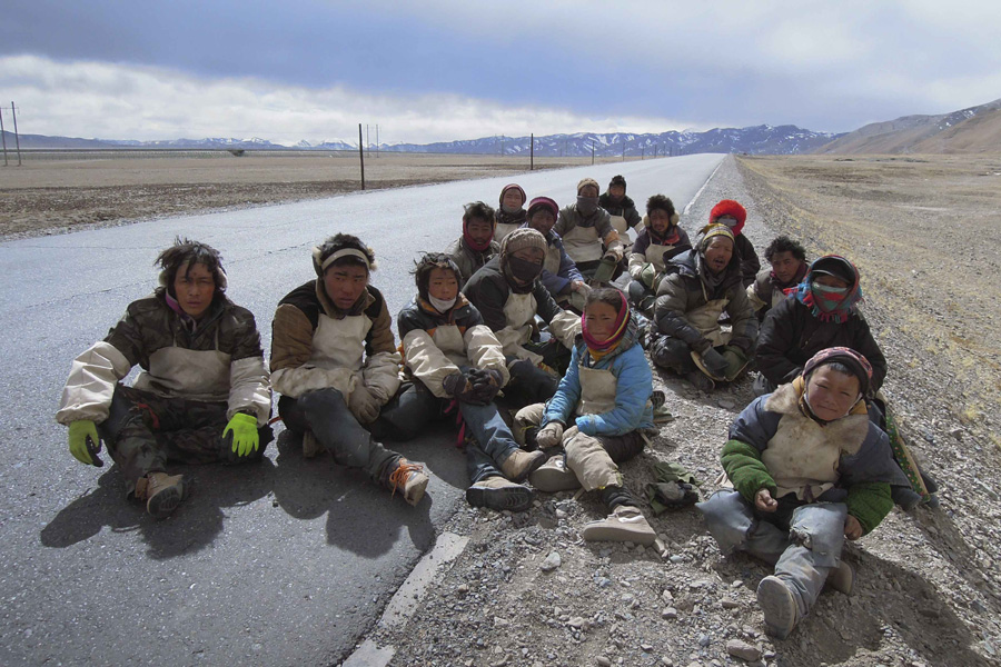 Tibetan pilgrims kowtow along a road