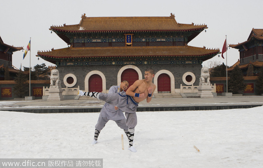 Buddhist monk breaks brick in kung fu