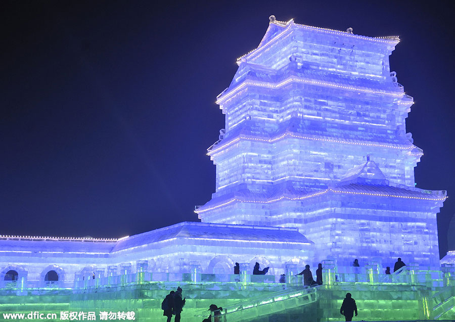 Ice and snow world lights up the night sky in Harbin