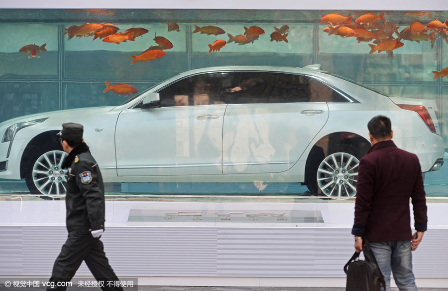 Fancy car debuts inside fish tank