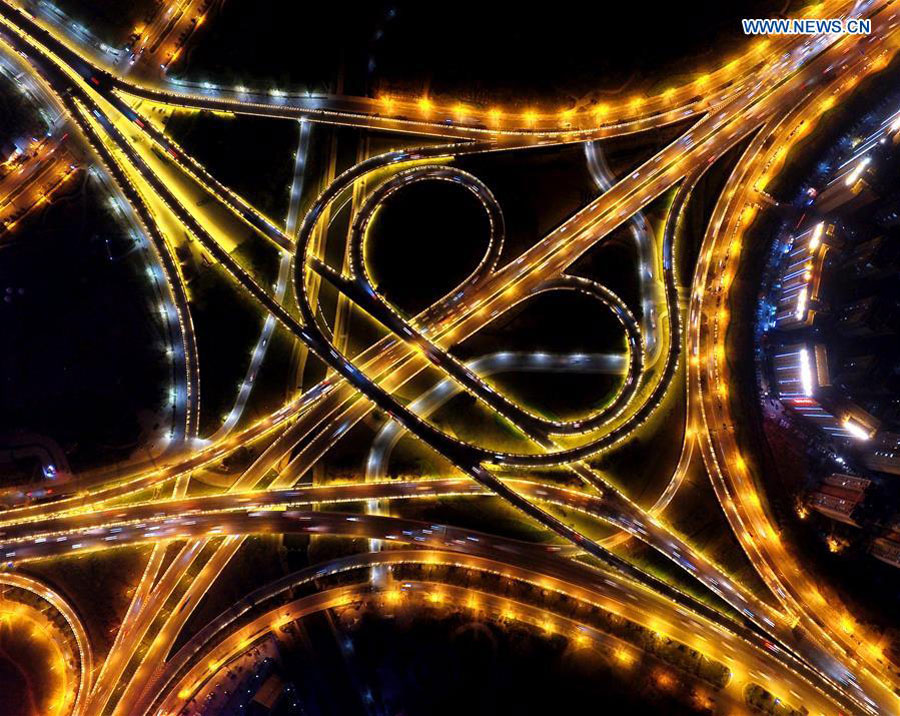 Night view of overpasses in C China's Henan