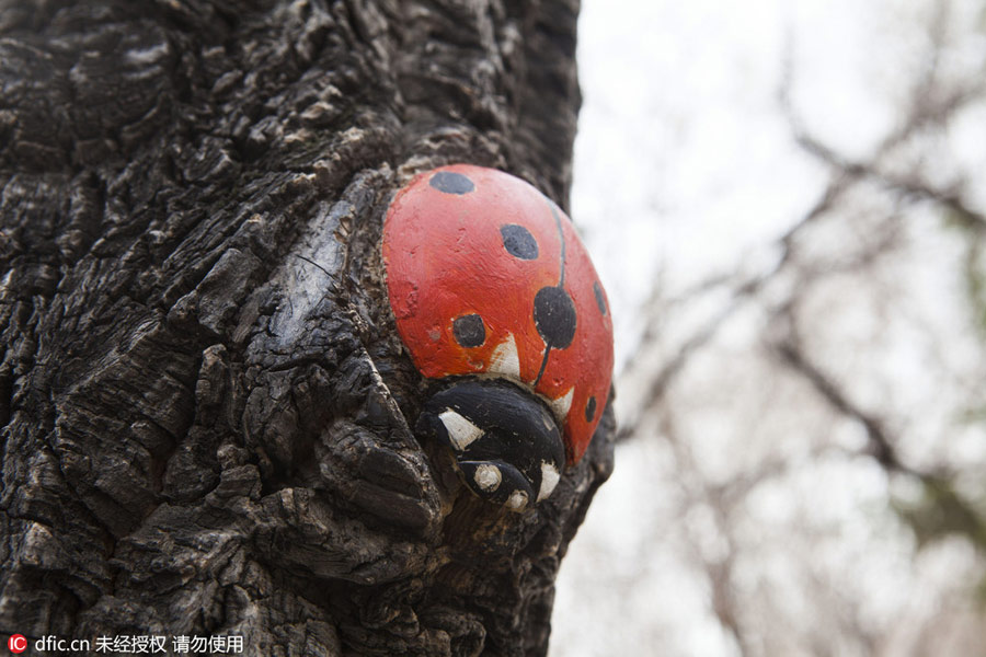 Carved figures emerge from trees in Northeast China