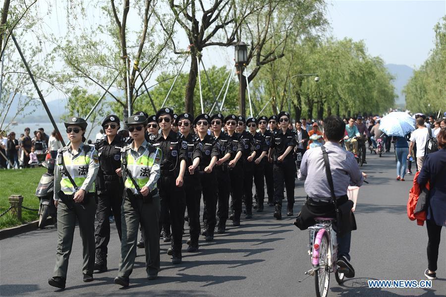 Female patrol team seen at West Lake in Hangzhou