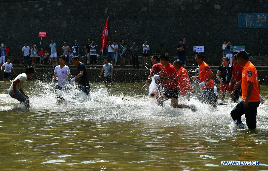 People catch fish in river to celebrate good harvest