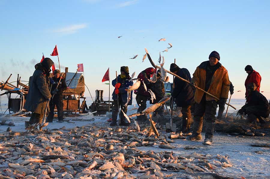 Winter fishing in ice-covered Hulun Lake in Inner Mongolia