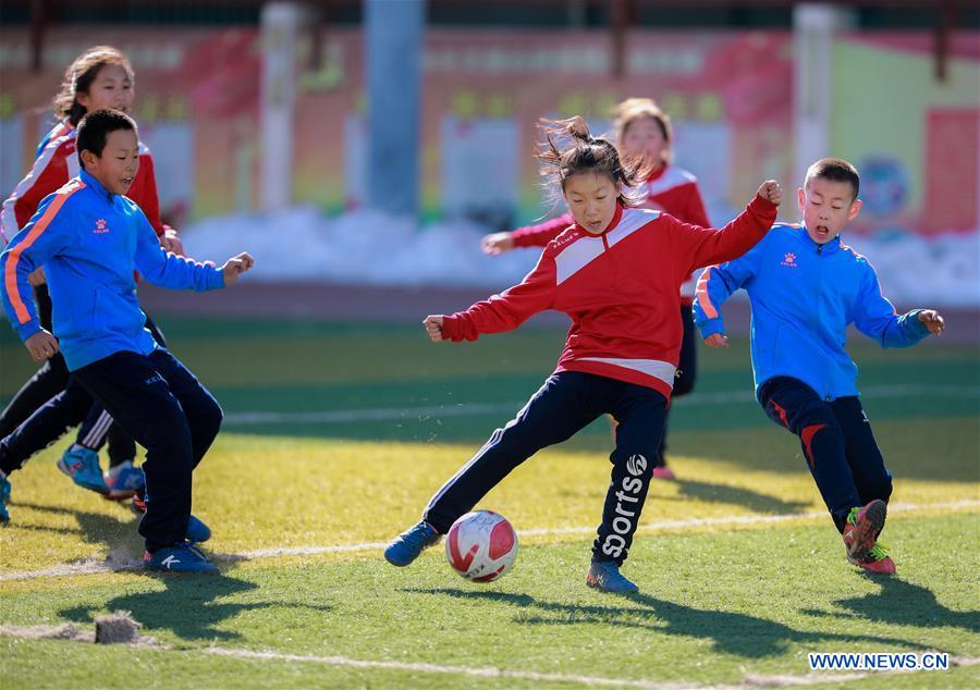 Primary school students participate in soccer training