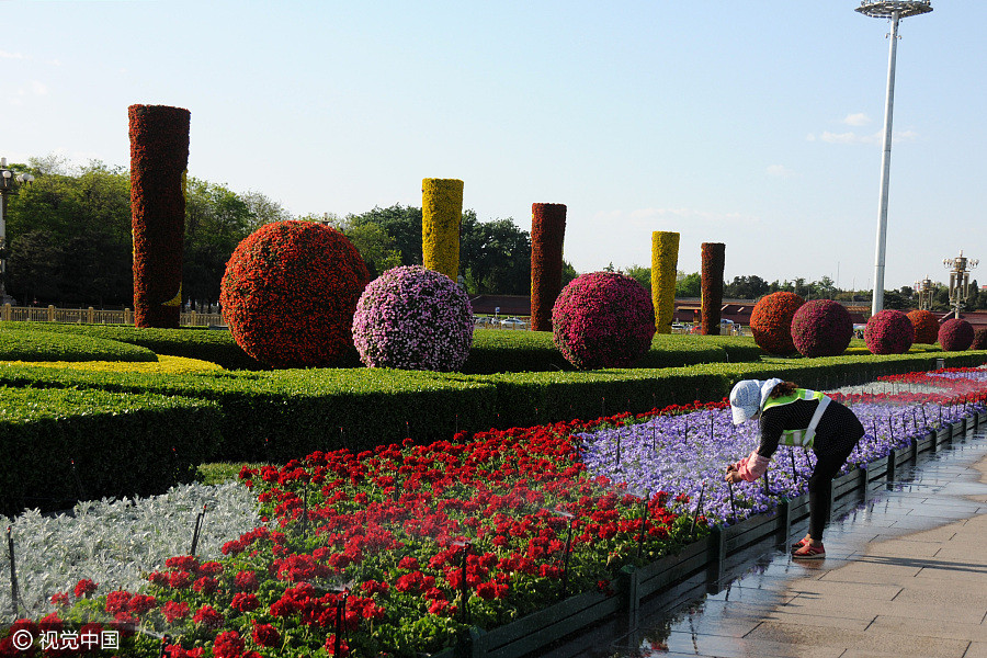 Flower decorations greet upcoming Labor Day in Beijing