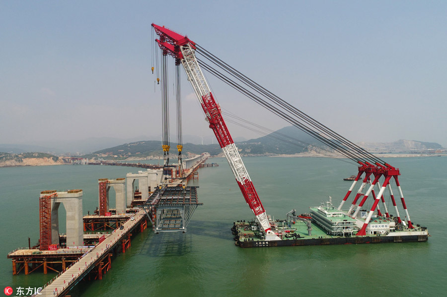 China's first cross-sea rail-road bridge takes shape