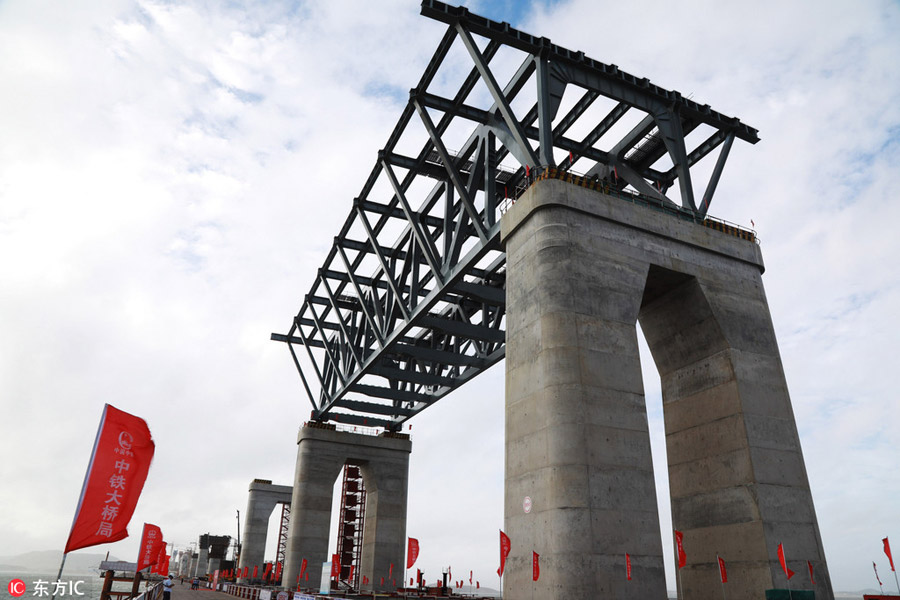 China's first cross-sea rail-road bridge takes shape