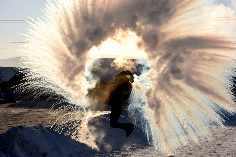 Winter in northernmost China - so cold, even hot water freezes fast