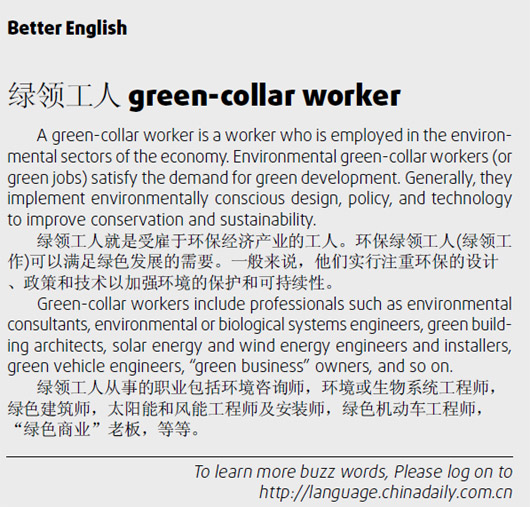 倍儿棒 Exceptionally good; 扁 beat;绿领工人 green-collar worker