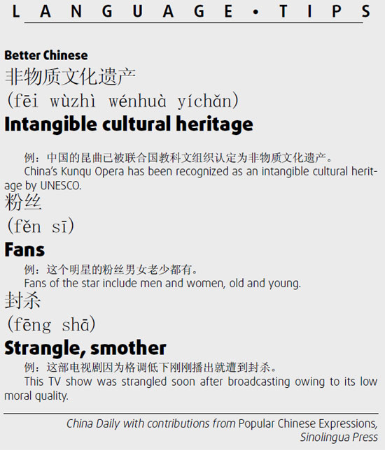 封杀　strangle;非物质文化遗产　intangible cultural heritage