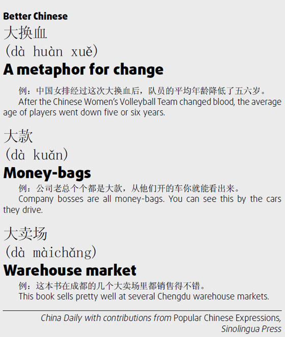 大换血 a metaphor for change; 大款 money-bags; 大卖场 warehouse market