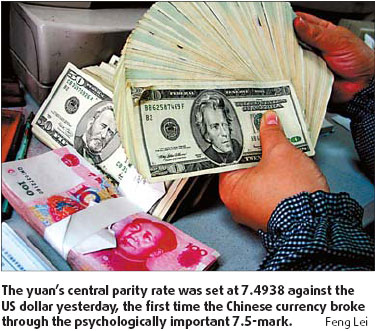 Yuan crosses 7.5 against US dollar