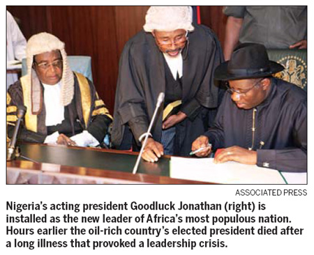 Nigeria's Jonathan sworn in after death of president