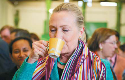 Hillary has a cuppa as Bill wows crowd