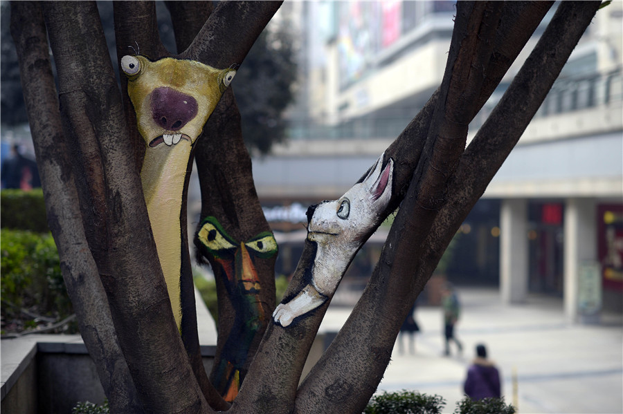 Vivid tree graffiti decorates downtown Chongqing