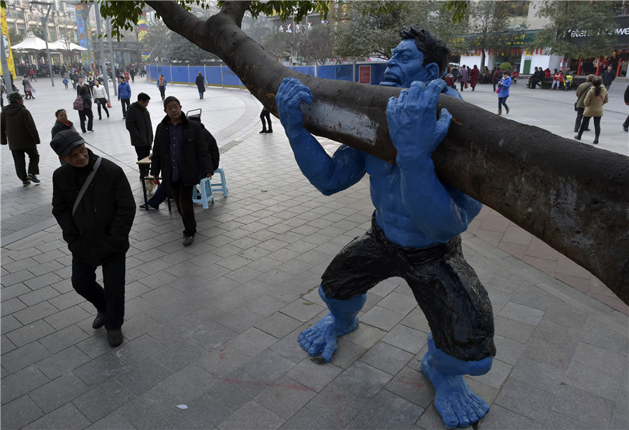 Vivid tree graffiti decorates downtown Chongqing