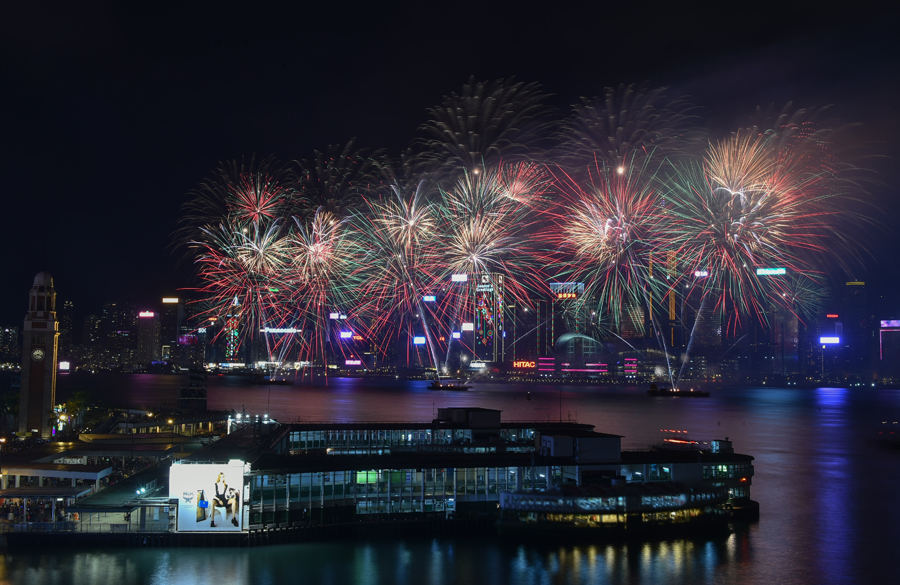 Spring Festival celebrated with fireworks over Victoria Harbour in Hong Kong