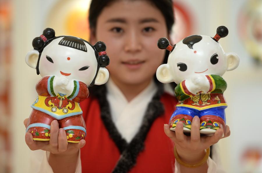 Porcelain mascot for Chinese Spring Festival seen in E China