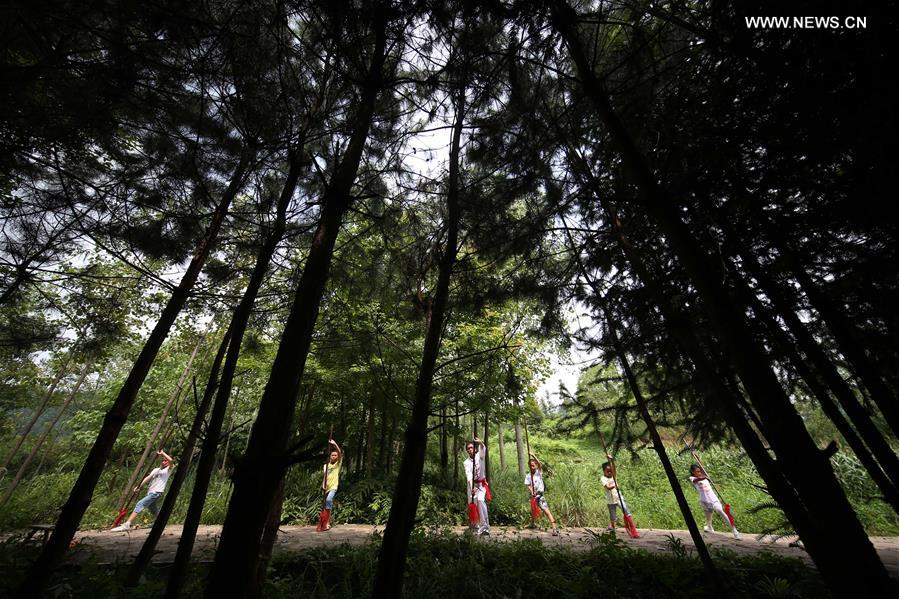 Children learn about Chinese Wushu during summer vacation in SW China