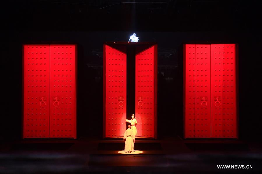 Actors perform during melodrama featuring silk road culture in Dunhuang