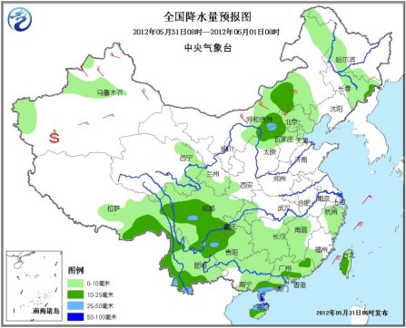 华南云南等地有中到大雨 华北东北多阵性降水(图)