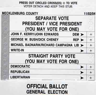 An absentee paper ballot shows the choices for President of the United States available to North Carolina residents in the upcoming presidential election, October 27, 2004. Many people concerned about the possibility of new touch-screen voting machines not properly counting their votes are reportedly choosing to vote by paper absentee ballots instead. [Reuters]