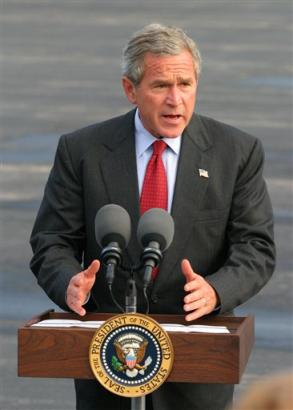 President Bush makes an unscheduled speech on the tarmac of the Toledo Express Airport after a campaign stop Friday, Oct. 29, 2004 in Swanton, Ohio. Osama bin Laden said in a videotape aired Friday that the United States can avoid another Sept. 11 attack if it stops threatening the security of Muslims. [Reuters]