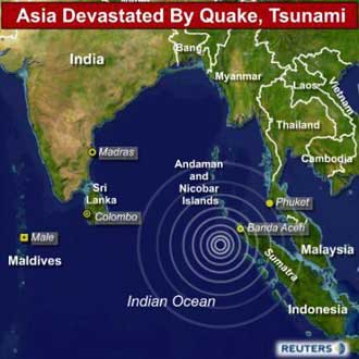 The world's biggest earthquake in 40 years hit southern Asia on December 26, 2004, unleashing a tsunami that crashed into Sri Lanka and India, drowning thousands and swamping tourist isles in Thailand and the Maldives. [Reuters] 