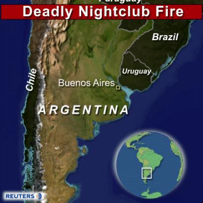 At least nine people were killed and 200 injured when a fire erupted in a crowded nightclub in central Buenos Aires, police said on December 31, 2004. Local media said as many of 2,000 people may have been inside the club listening to a band play. Reuters]