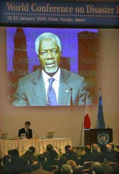 United Nations Secretary-General Kofi Annan makes an opening remakrs through video at the World Conference on Disaster Reduction in Kobe, western Japan, Tuesday, Jan. 18, 2005. The conference is expected to focus on the creation of a tsunami warning system for countries around the Indian Ocean that were devastated by last month's earthquake-induced disaster. [AP] 