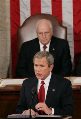 President Bush (news - web sites) delivers the State of the Union address Wednesday, Feb. 2, 2005, at the Capitol in Washington.Vice President Cheney is seen behind. (AP Photo/Charles Dharapak) 