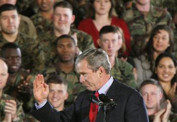 US President Bush greets American troops based in Germany at the Wiesbaden Army Airfield, Germany, on Wednesday, Feb. 23, 2005. Bush arrived in Germany on early Wednesday for talks with Schroeder on a range of thorny issues from climate change and Iran to a controversial German call to overhaul NATO. [AP] 
