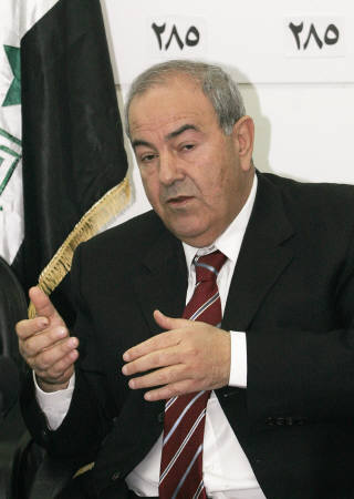 Iraqi Interim Prime Minister Ayad Allawi speaks at a press conference at the headquarters of his Iraqi National Accord party in central Baghdad, February 23, 2005. [Reuters]