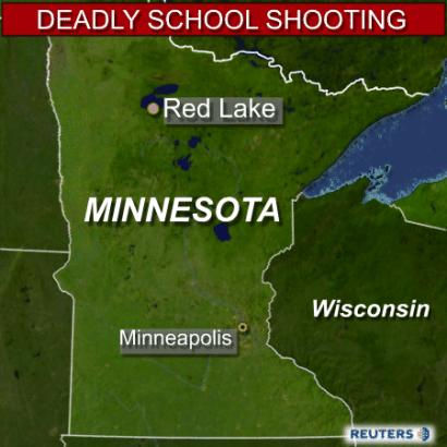 A gunman shot more than a dozen people at a school on the Red Lake Indian Reservation in northern Minnesota on March 21, 2005, local media reported. Six people were dead and the gunman had killed himself, according to broadcast reports. (Reuters Graphic) 