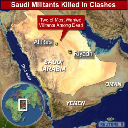 Two of Saudi Arabia's most wanted militants have been killed by security forces in a series of clashes in the northern town of Al-Ras, Al Arabiya television said on April 4, 2005. The Saudi-owned channel named the two men as Abdulkarim al-Mejjati and Saud Homoud al-Oteibi. Both were on a list of 26 most wanted militant suspects published by the Saudi government in December 2003. (Reuters Graphic) 