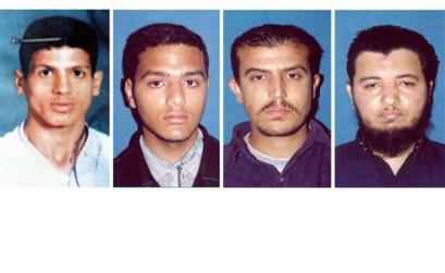 In this composite photo distributed by the Egyptian Interior Ministry Sunday, April 17, 2005, are seen, from right to left, Tarek Ahmed Al-Sayed, Akram Mohammed Fawzi, Reda Sayed Ahmed, and Ashraf Saied Youssef, . Egypt's Interior Ministry identified the four men who are accused of training a bomber who killed himself, an American and two French tourists in Cairo on April. 7. (AP Photo /HO) 