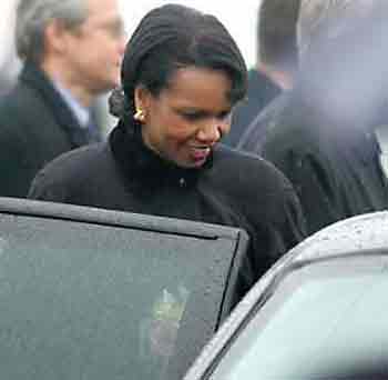 U.S. Secretary of State Condoleezza Rice gets into a car during upon arrival in Moscow April 19, 2005. Rice Tuesday called the Kremlin's tight grip on power and the media 'very worrying' and urged Russian President Vladimir Putin not to cling on to power beyond his present term. Photo by Sergei Karpukhin/Reuters