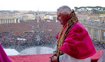 In this photo made available by the L'Osservatore Romano Vatican newspaper, Pope Benedict XVI looks on after greeting and blessing the crowd from the central balcony of St. Peter's Basilica at the Vatican, Tuesday, April 19, 2005. Joseph Ratzinger of Germany, who chose the name of Pope Benedict XVI, is the 265th pontiff of the Roman Catholic Church. (AP