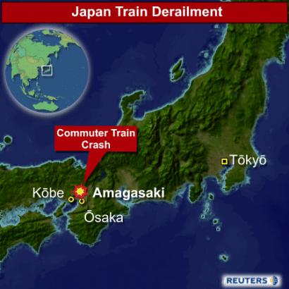 A crowded Japanese commuter train derailed on April 25 2005 and crashed into an apartment building, killing at least 50 people and injuring hundreds in the country's worst rail accident in over 40 years. As night fell, workers were struggling to rescue people trapped in crumpled wreckage and twisted metal in the first-floor car park of the building. (Reuters Graphic