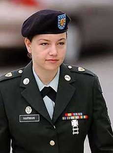 U.S. Army Spc. Sabrina Harman, who was found guilty May 16, 2005 on six of seven charges she faced for the mistreatment on prisoners at the Abu Gharib prison in Iraq in late 2003, walks into the Lawrence J. Williams Judicial Center at Fort Hood, Texas, in this file image from May 11, 2005. Sentencing in the case begins May 17, 2005, and Harman could face up to five and one-half years in prison.